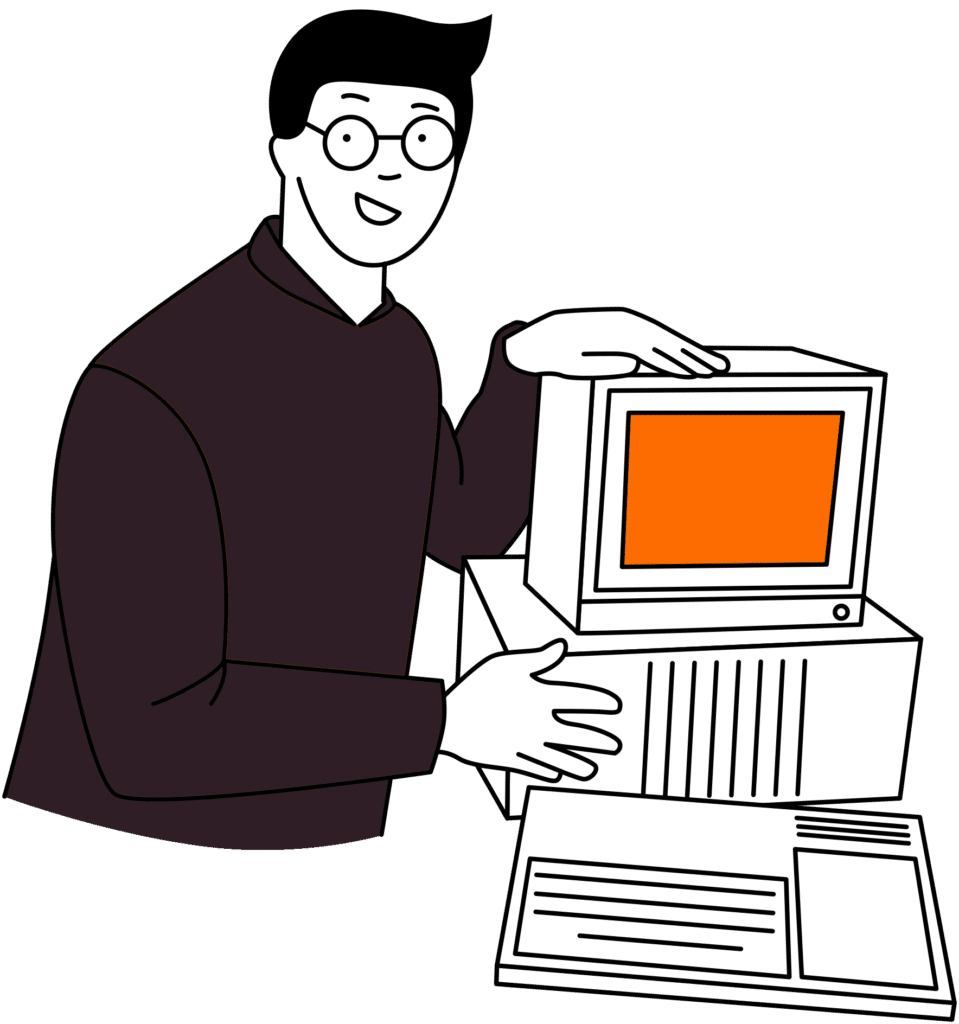 Homme tenant un ordinateur